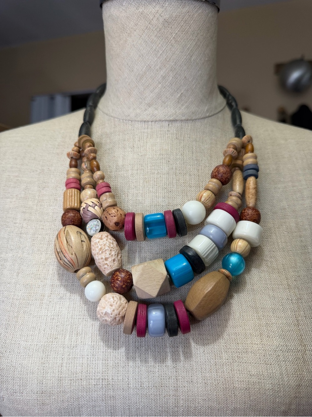 Boho Multi-Strand Statement Necklace | Chunky Wooden & Textured Eclectic Beads